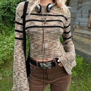 Brown Stripped Knit Cropped Light Weight Sweater